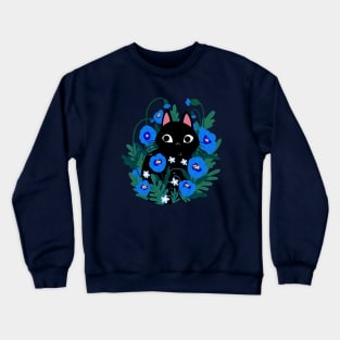 Black Cat in blue flowers Crewneck Sweatshirt